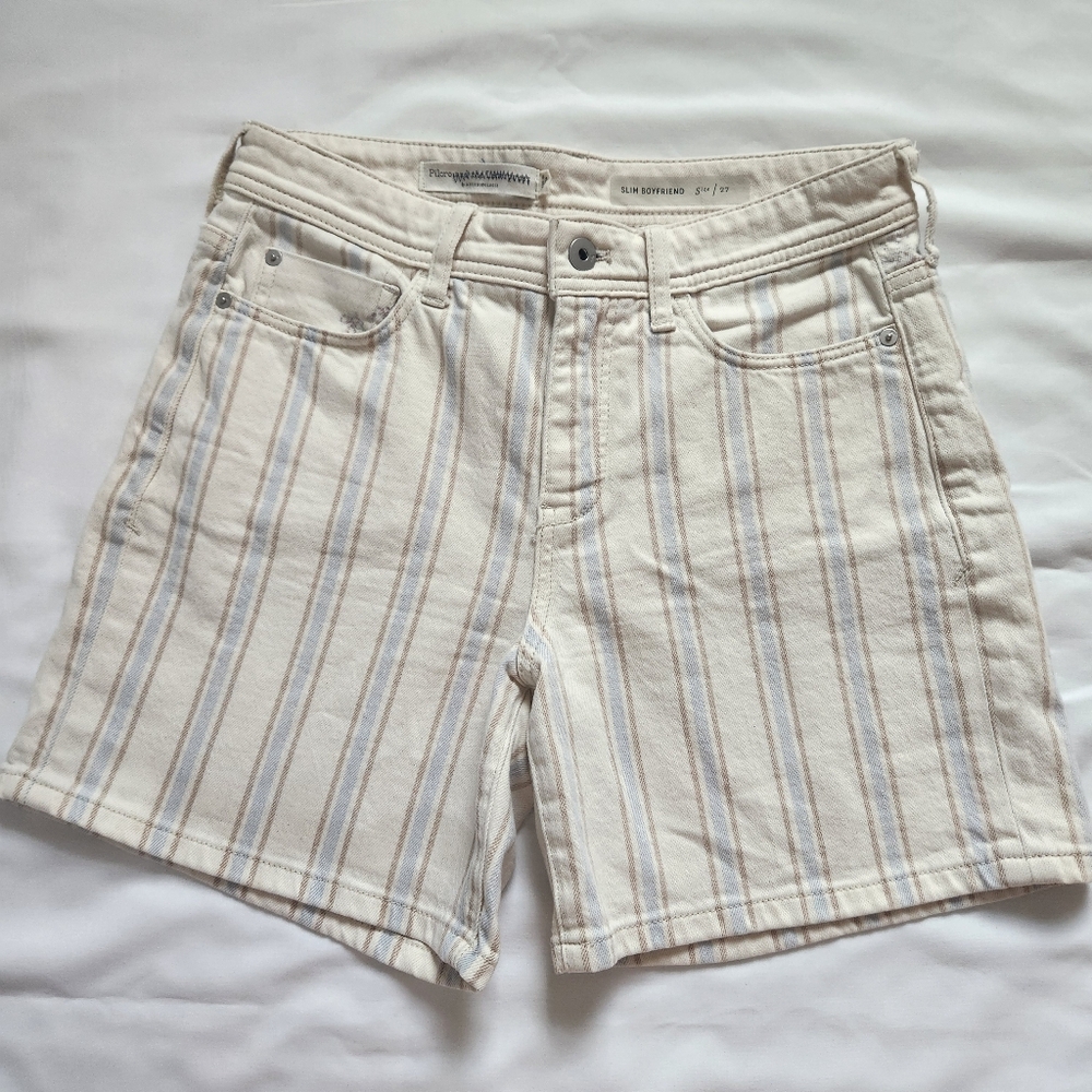 Pilcro Anthropologie Anthro Stripe High Rise Slim Boyfriend Shorts Cream Blue 27